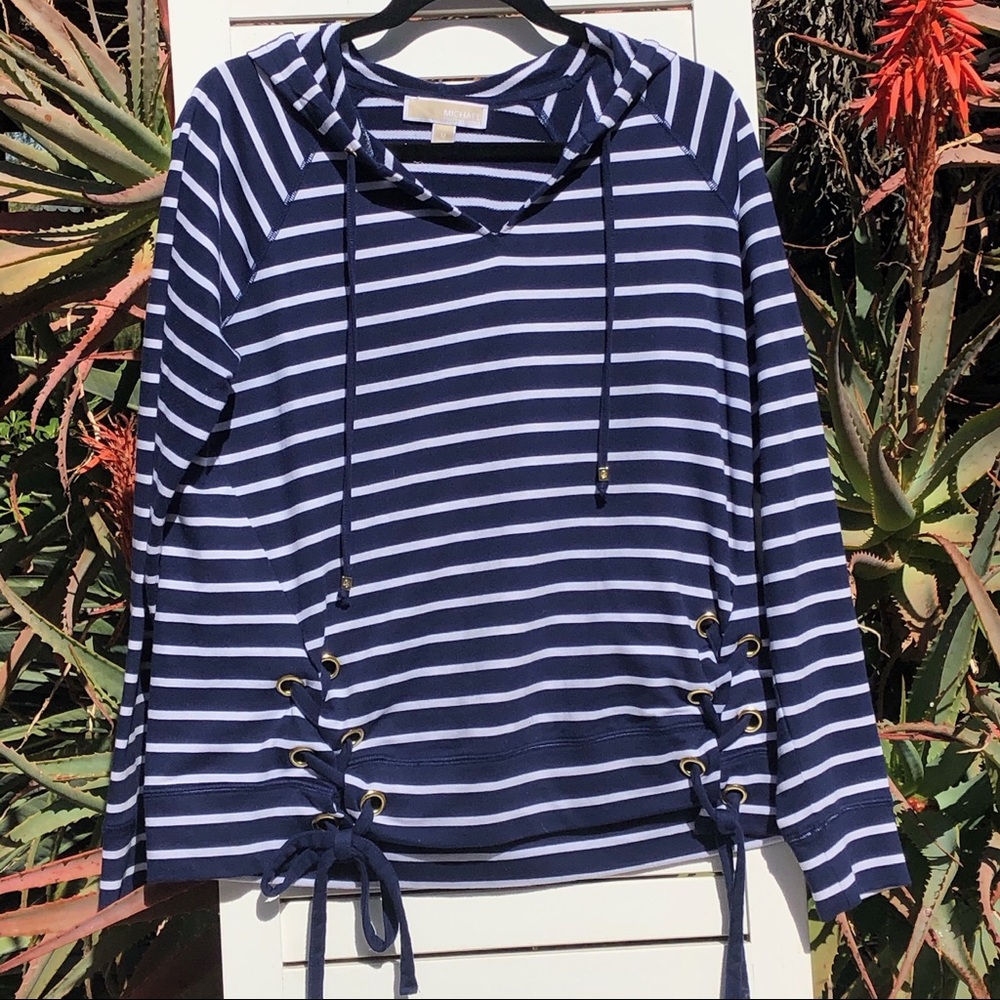 TOP HOODED MICHAEL KORS SIZE M NAVY & WHITE STRIPE